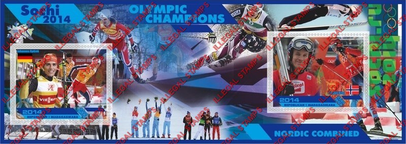 Madagascar 2014 Olympic Champions Nordic Combined Illegal Stamp Souvenir Sheet of 2