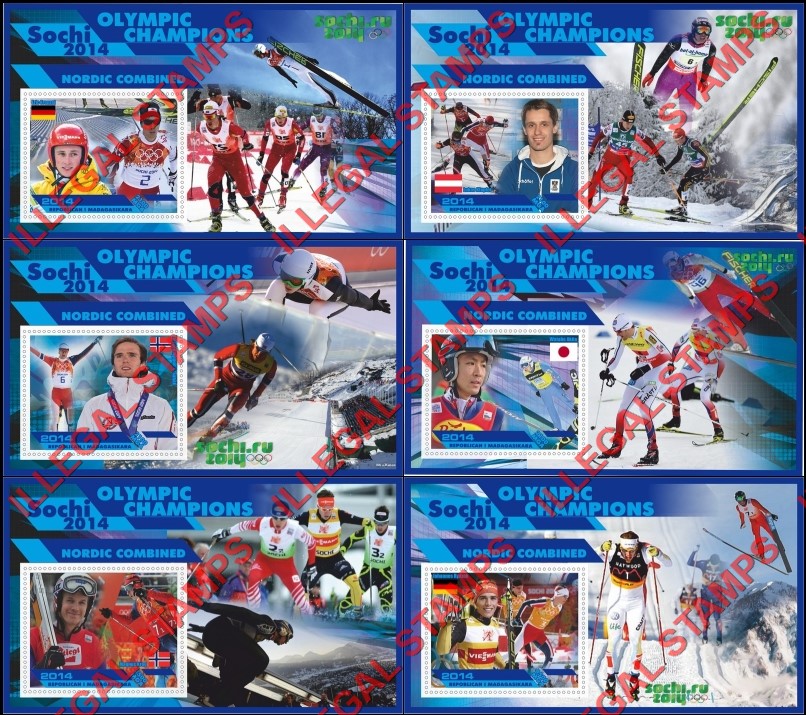 Madagascar 2014 Olympic Champions Nordic Combined Illegal Stamp Souvenir Sheets of 1