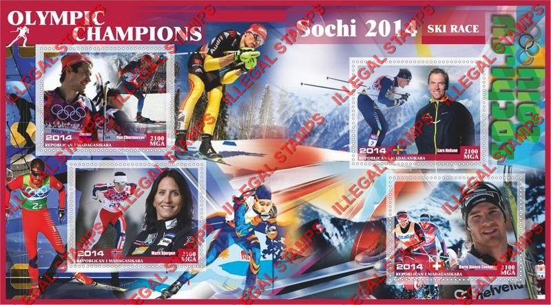 Madagascar 2014 Olympic Champions Ski Race Illegal Stamp Souvenir Sheet of 4