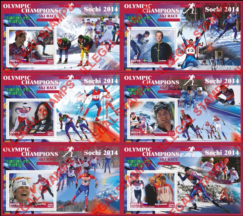Madagascar 2014 Olympic Champions Ski Race Illegal Stamp Souvenir Sheets of 1
