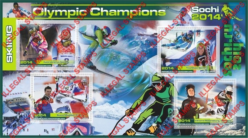 Madagascar 2014 Olympic Champions Skiing Illegal Stamp Souvenir Sheet of 4