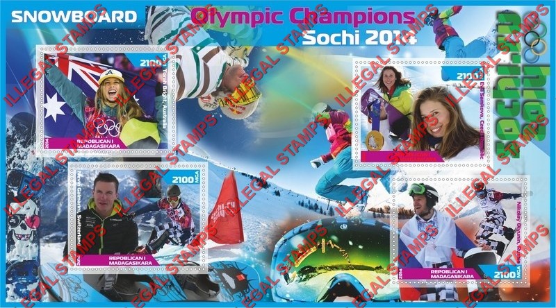 Madagascar 2014 Olympic Champions Snowboard Illegal Stamp Souvenir Sheet of 4