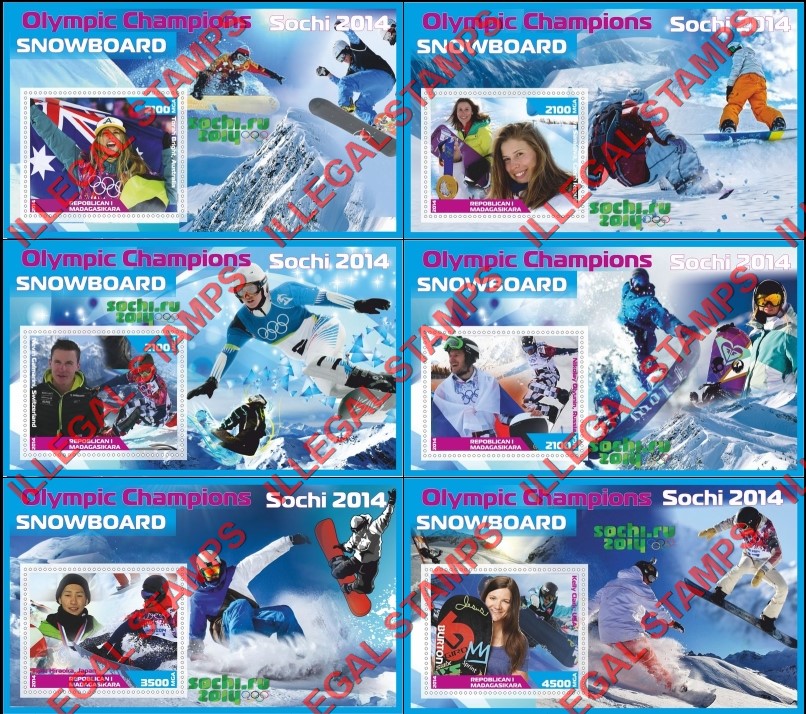 Madagascar 2014 Olympic Champions Snowboard Illegal Stamp Souvenir Sheets of 1
