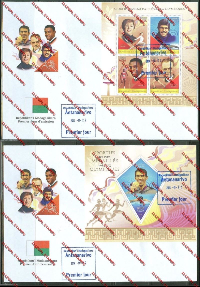 Madagascar 2014 Athletes at the Olympic Games Illegal Stamp Souvenir Sheet and Sheetlet on Fake FDC's