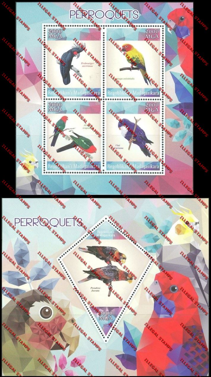 Madagascar 2014 Parrots Illegal Stamp Souvenir Sheet and Sheetlet