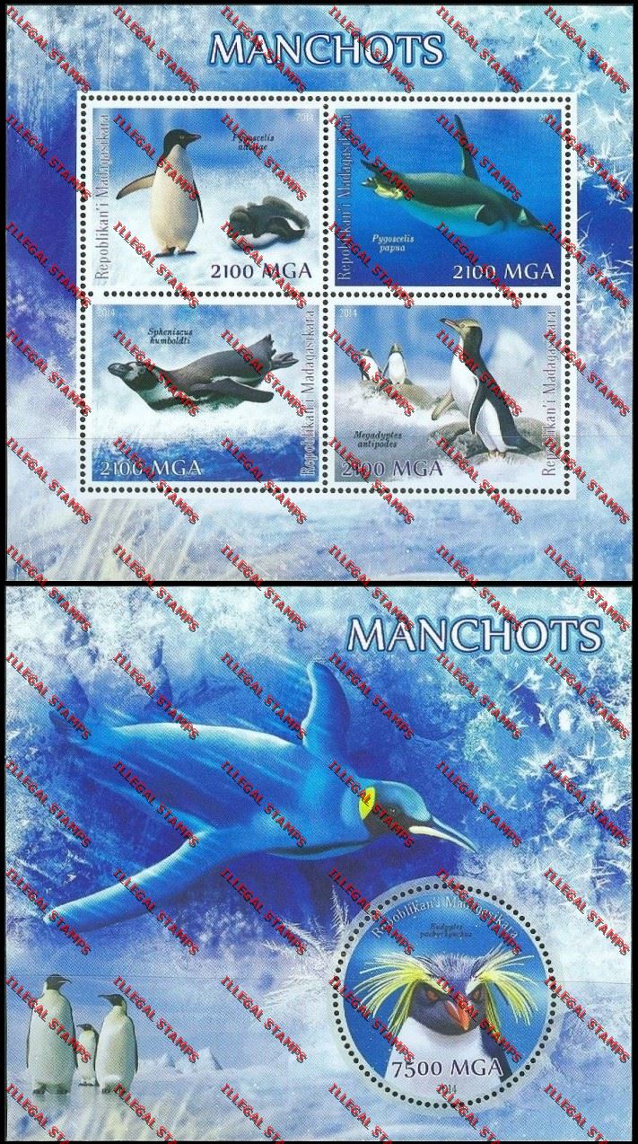 Madagascar 2014 Penguins Illegal Stamp Souvenir Sheet and Sheetlet