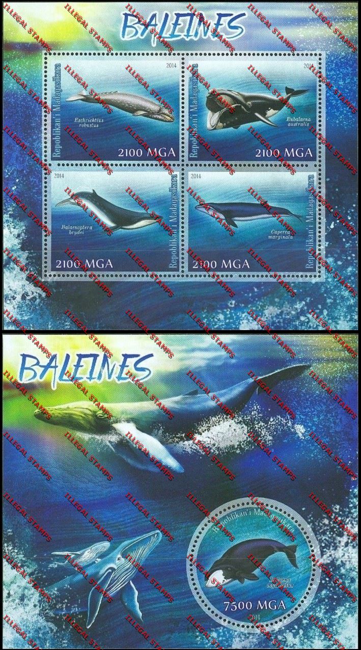 Madagascar 2014 Whales Illegal Stamp Souvenir Sheet and Sheetlet