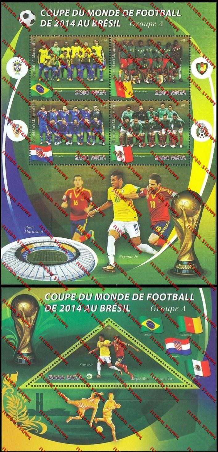 Madagascar 2014 World Cup Soccer Championship Group A Illegal Stamp Souvenir Sheetlet and Souvenir Sheet