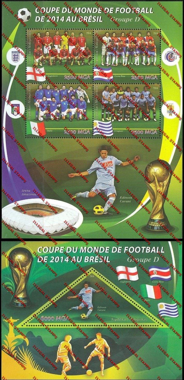 Madagascar 2014 World Cup Soccer Championship Group D Illegal Stamp Souvenir Sheetlet and Souvenir Sheet