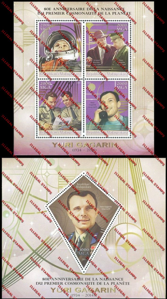 Madagascar 2014 Yuri Gagarin Illegal Stamp Souvenir Sheet and Sheetlet