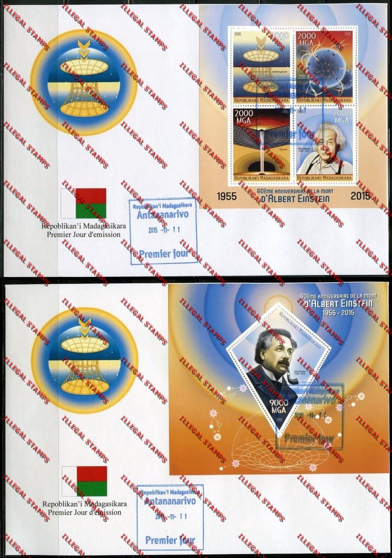 Madagascar 2015 Albert Einstein Illegal Stamp Souvenir Sheet and Sheetlet on Fake FDC's