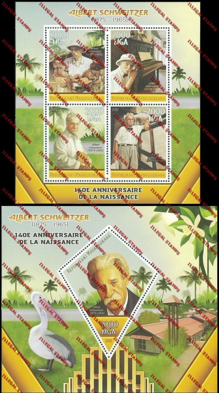 Madagascar 2015 Albert Schweitzer Illegal Stamp Souvenir Sheet and Sheetlet