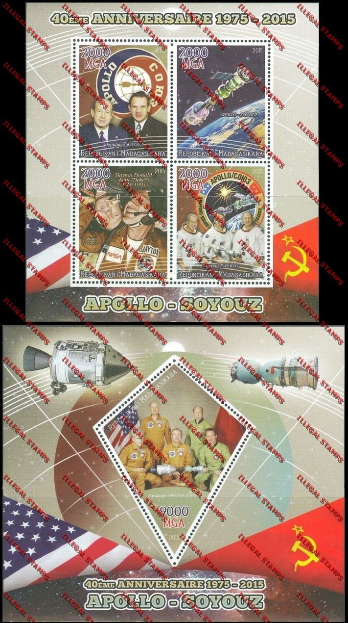 Madagascar 2015 Apollo-Soyuz Space Mission Illegal Stamp Souvenir Sheet and Sheetlet