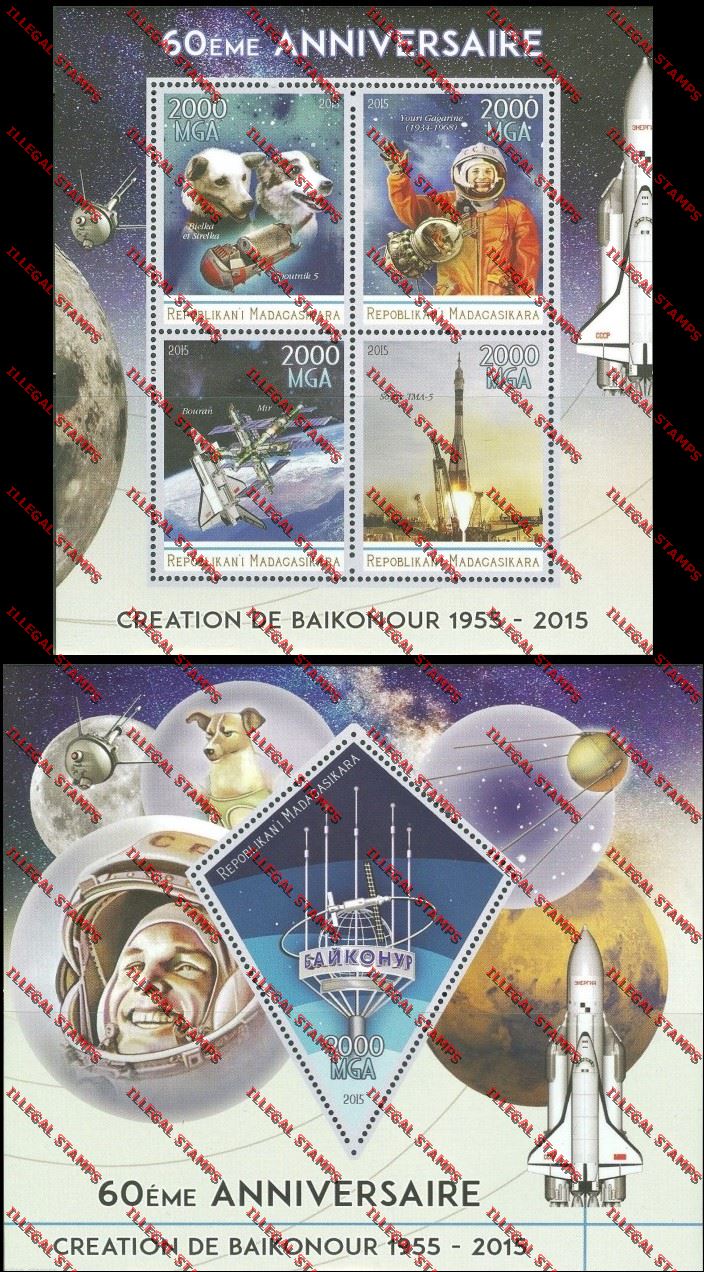 Madagascar 2015 Creation of the Baikonur Cosmodrome Illegal Stamp Souvenir Sheet and Sheetlet