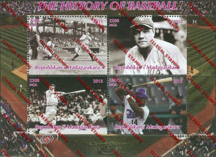 Madagascar 2015 The History of Baseball Illegal Stamp Souvenir Sheetlet