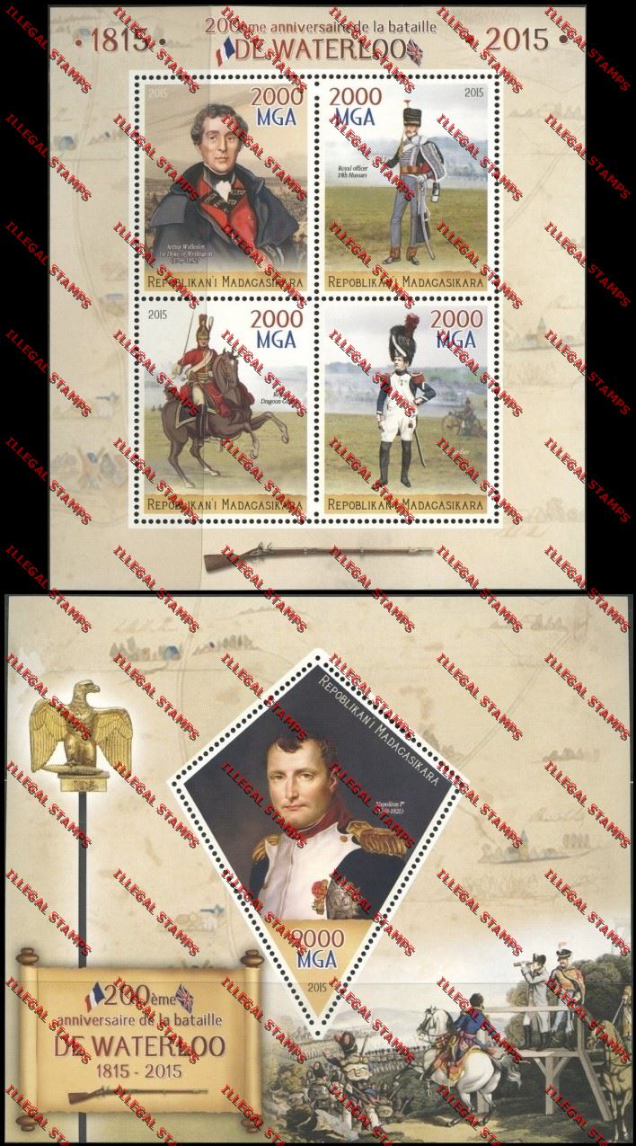 Madagascar 2015 Battle of Waterloo Illegal Stamp Souvenir Sheet and Sheetlet