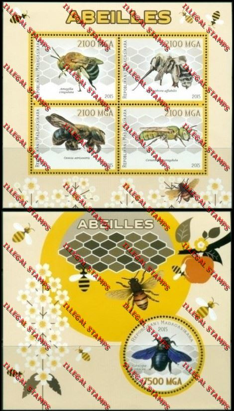Madagascar 2015 Bees Illegal Stamp Souvenir Sheet and Sheetlet