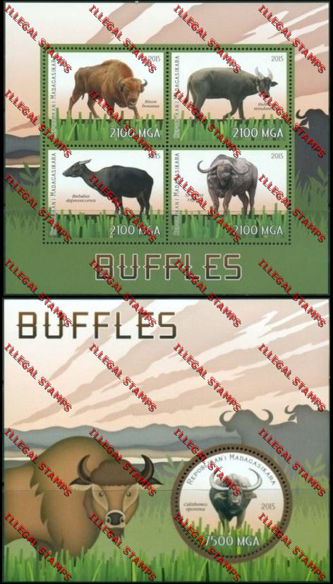 Madagascar 2015 Buffalo Illegal Stamp Souvenir Sheet and Sheetlet