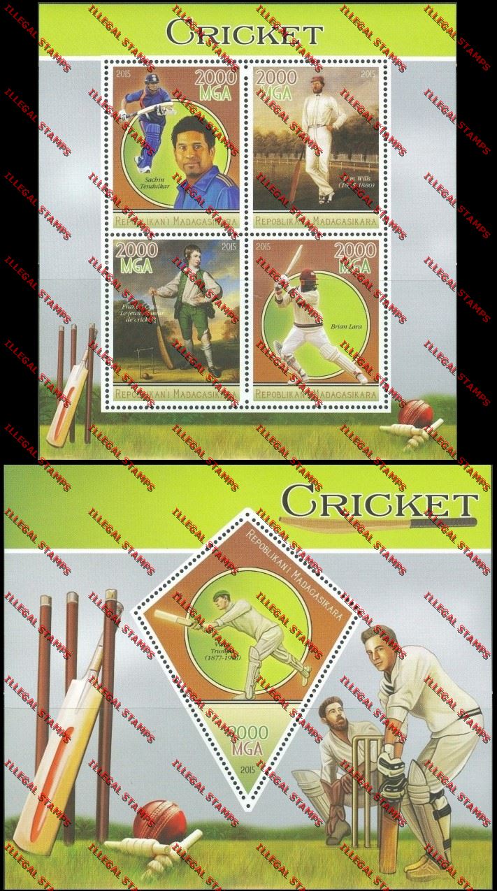 Madagascar 2015 Cricket Players Illegal Stamp Souvenir Sheet and Sheetlet
