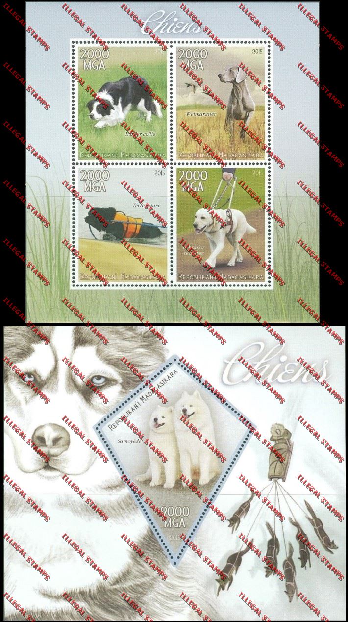 Madagascar 2015 Dogs Illegal Stamp Souvenir Sheet and Sheetlet
