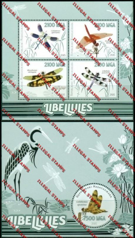 Madagascar 2015 Dragonflies Illegal Stamp Souvenir Sheet and Sheetlet