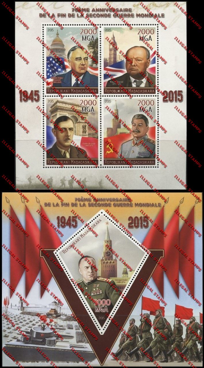 Madagascar 2015 70th Anniversary of the End of World War II Illegal Stamp Souvenir Sheet and Sheetlet