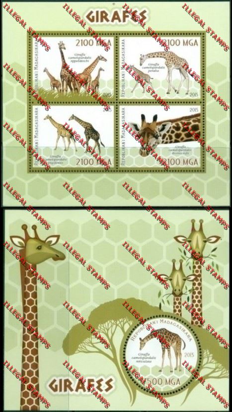 Madagascar 2015 Giraffes Illegal Stamp Souvenir Sheet and Sheetlet