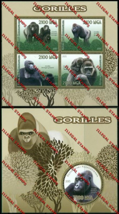 Madagascar 2015 Gorillas Illegal Stamp Souvenir Sheet and Sheetlet