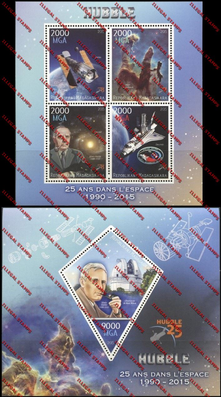 Madagascar 2015 Hubble Telescope Illegal Stamp Souvenir Sheet and Sheetlet