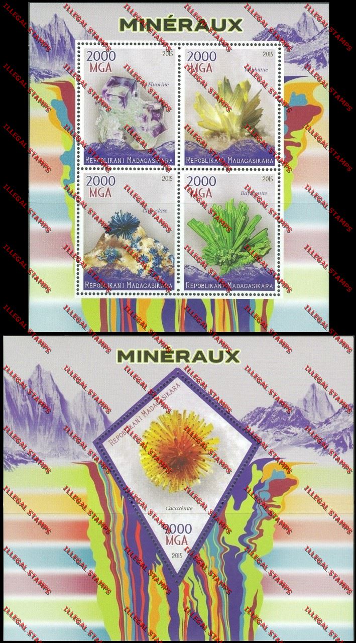 Madagascar 2015 Minerals Illegal Stamp Souvenir Sheet and Sheetlet