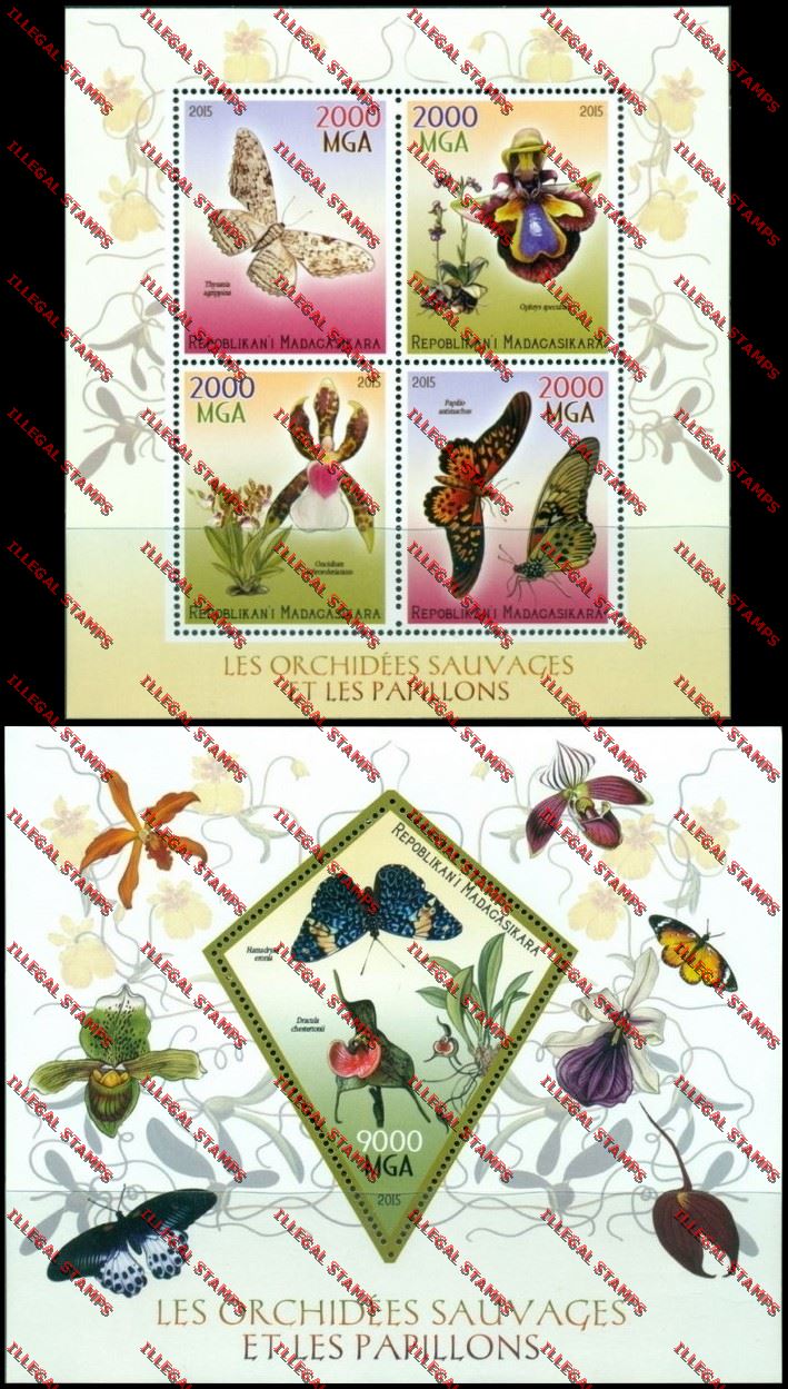 Madagascar 2015 Wild Orchids and Butterflies Illegal Stamp Souvenir Sheet and Sheetlet