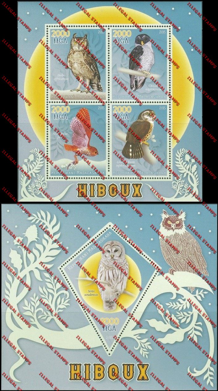 Madagascar 2015 Owls Illegal Stamp Souvenir Sheet and Sheetlet