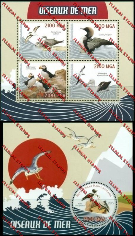Madagascar 2015 Seabirds Illegal Stamp Souvenir Sheet and Sheetlet