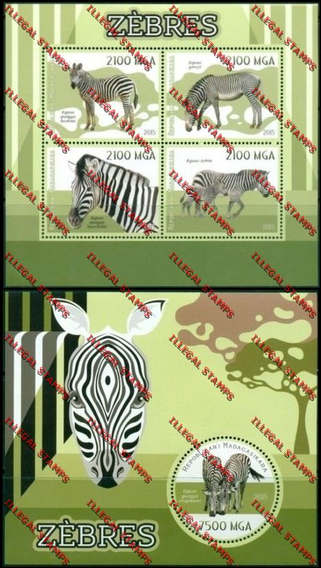 Madagascar 2015 Zebras Illegal Stamp Souvenir Sheet and Sheetlet