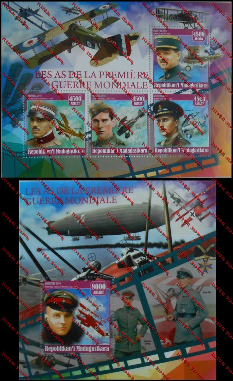 Madagascar 2016 The Aces of the First World War Illegal Stamp Souvenir Sheets of 4 and 1