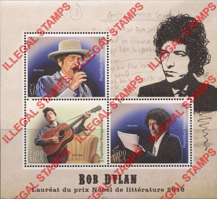 Madagascar 2016 Bob Dylan Illegal Stamp Souvenir Sheet of 3