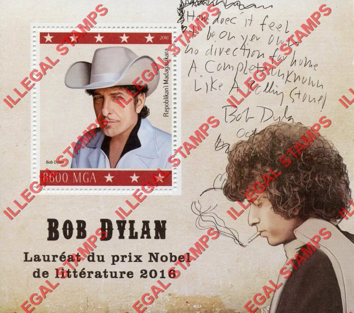 Madagascar 2016 Bob Dylan Illegal Stamp Souvenir Sheet of 1