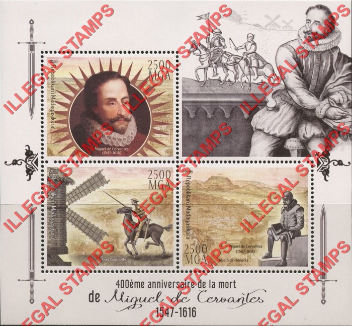 Madagascar 2016 Miguel de Cervantes Illegal Stamp Souvenir Sheet of 3