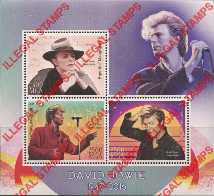 Madagascar 2016 David Bowie Illegal Stamp Souvenir Sheet of 3