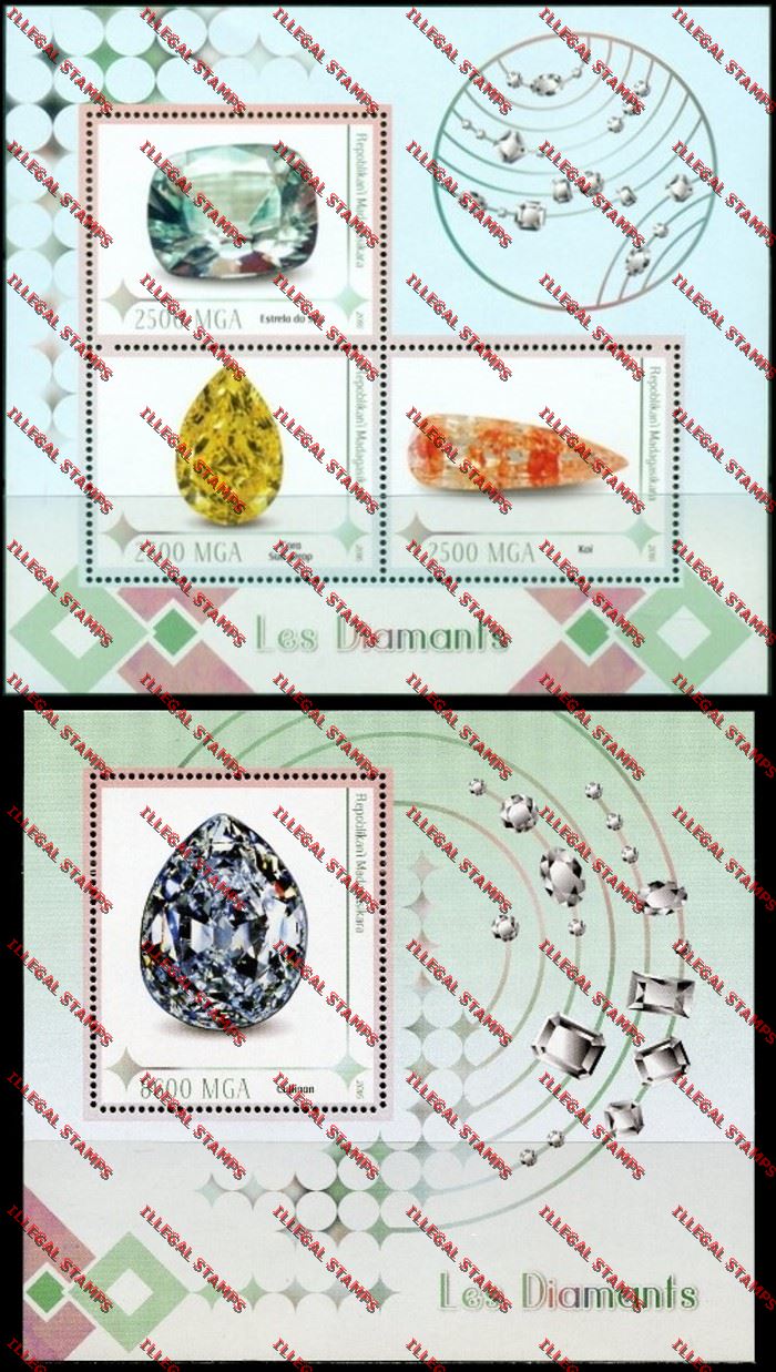 Madagascar 2016 Diamonds Illegal Stamp Souvenir Sheets of 3 and 1