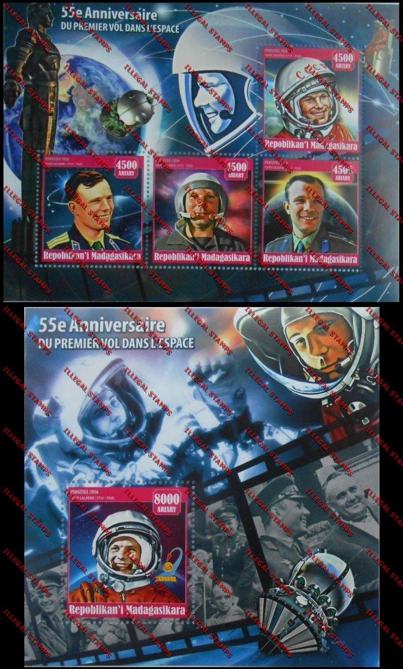 Madagascar 2016 55th Anniversary of the First Flight in Space Illegal Stamp Souvenir Sheets of 4 and 1