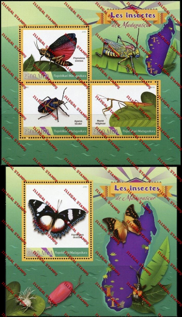 Madagascar 2016 Insects Illegal Stamp Souvenir Sheets of 3 and 1