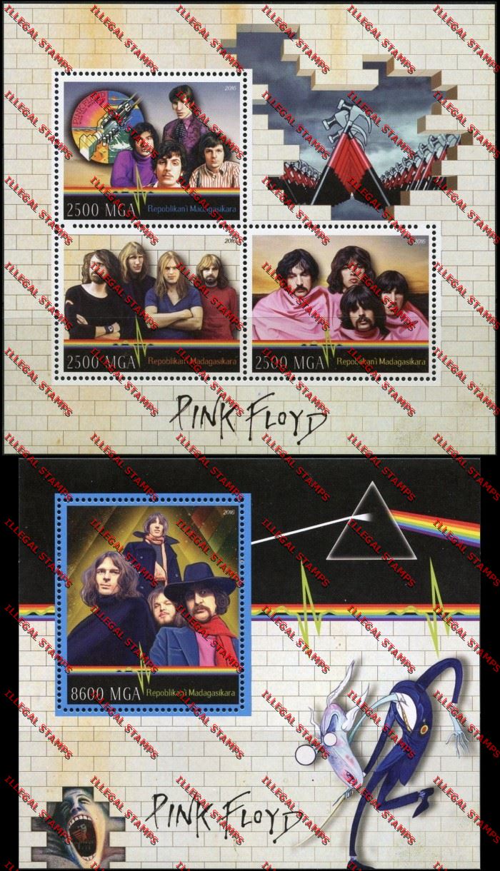 Madagascar 2016 Pink Floyd Illegal Stamp Souvenir Sheets of 3 and 1