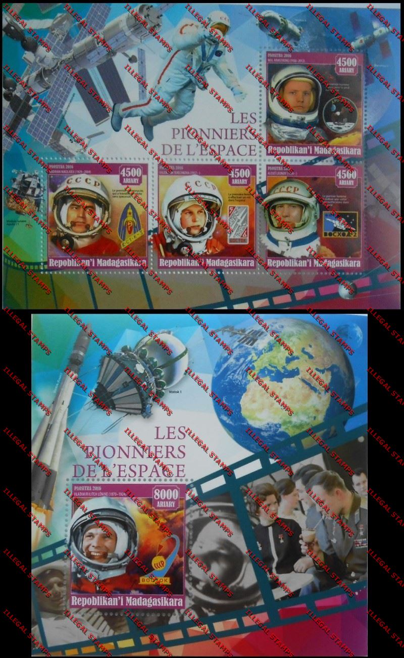 Madagascar 2016 The Pioneers of Space Illegal Stamp Souvenir Sheets of 4 and 1
