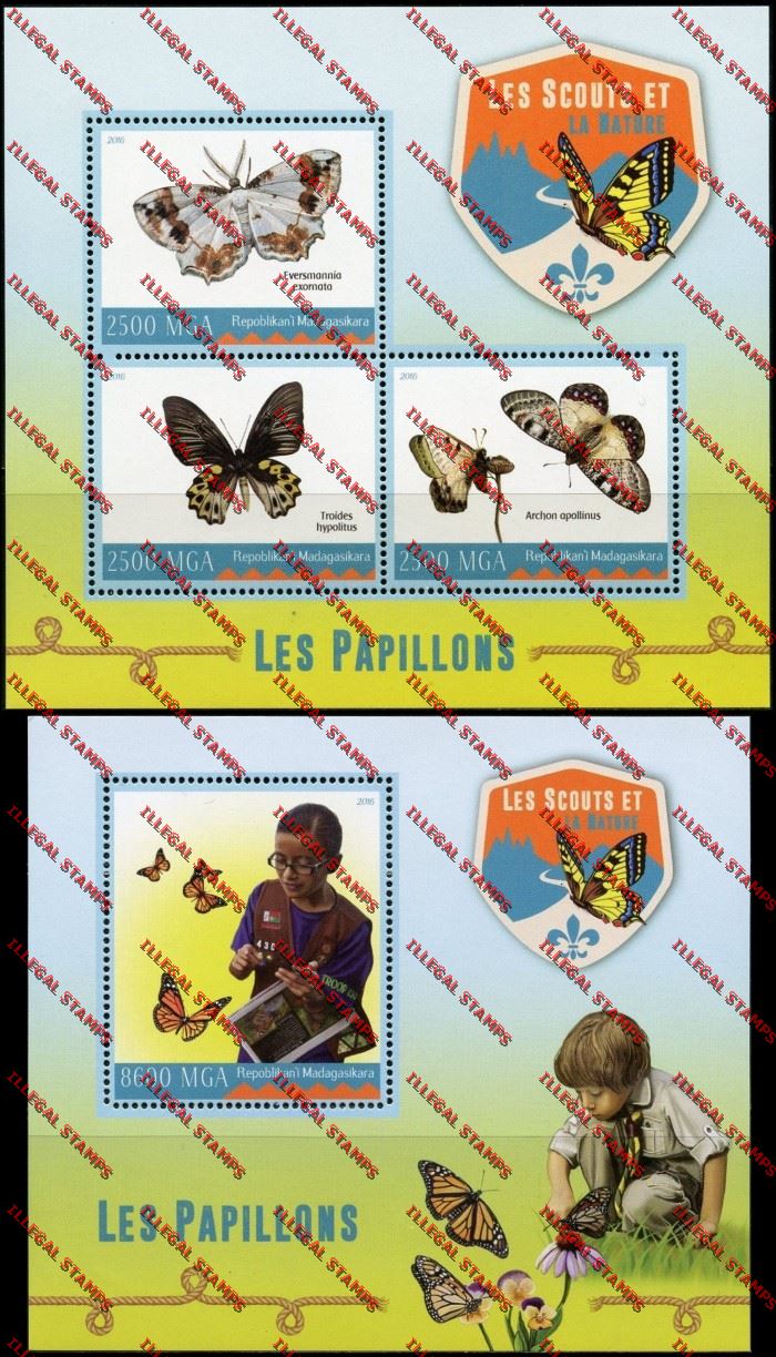 Madagascar 2016 Scouts and Nature Butterflies Illegal Stamp Souvenir Sheets of 3 and 1