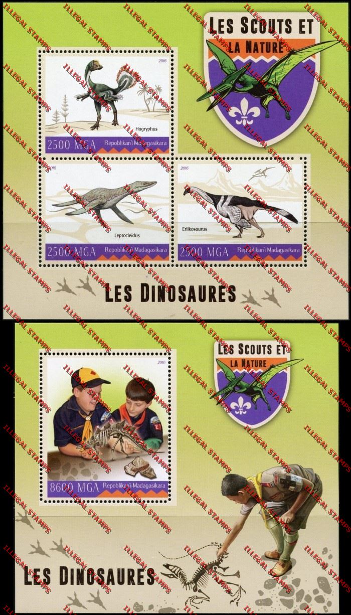 Madagascar 2016 Scouts and Nature Dinosaurs Illegal Stamp Souvenir Sheets of 3 and 1