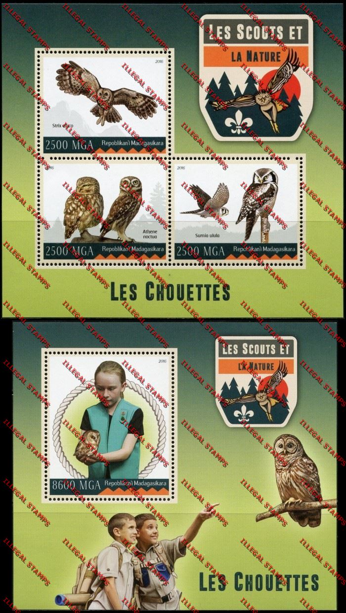 Madagascar 2016 Scouts and Nature Owls Illegal Stamp Souvenir Sheets of 3 and 1
