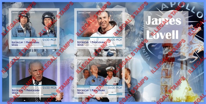 Madagascar 2016 Space Astronaut James Lovell Illegal Stamp Souvenir Sheet of 4