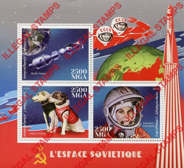 Madagascar 2016 Soviets in Space Illegal Stamp Souvenir Sheet of 3