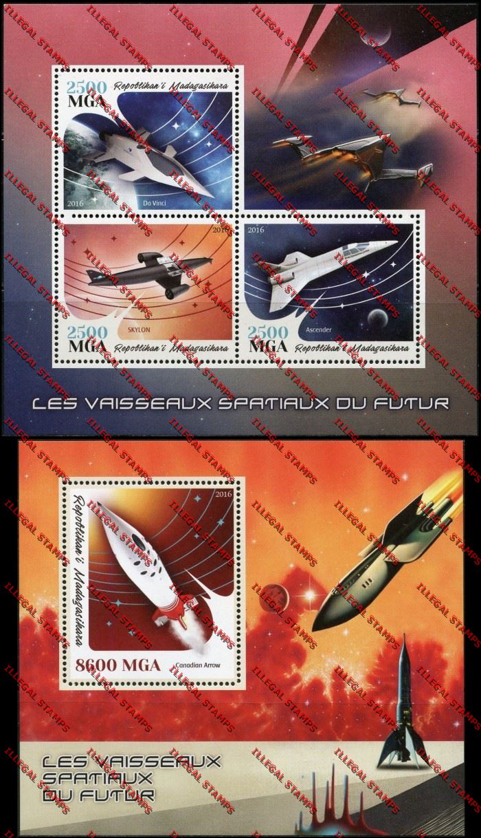Madagascar 2016 Spacecraft of the Future Illegal Stamp Souvenir Sheets of 3 and 1